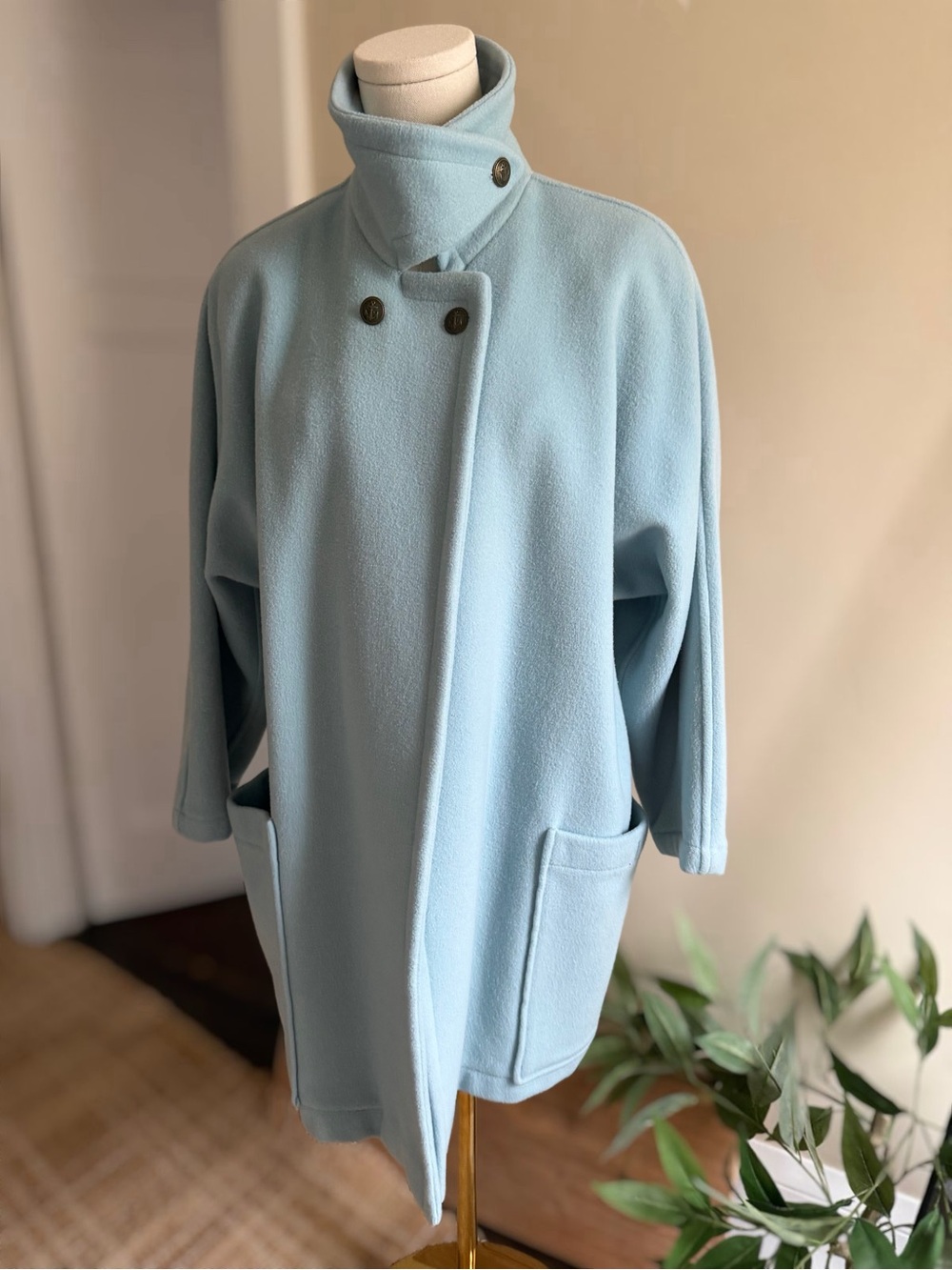 Vintage Women's Light Blue Wool Pea Coat with High Collar